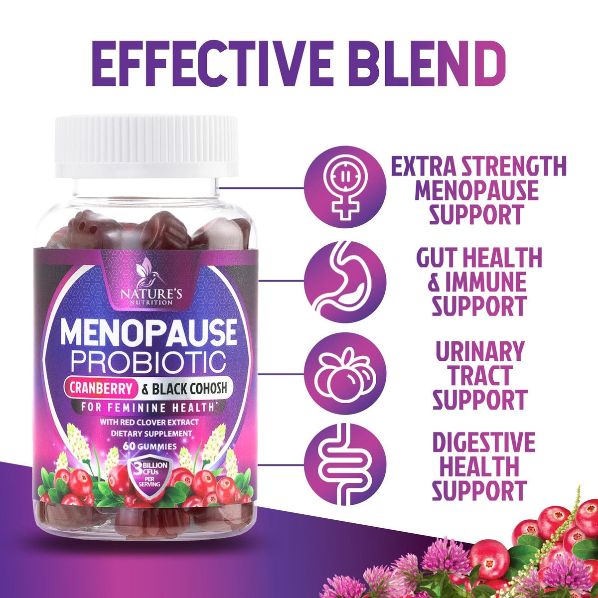 Menopause Supplement Gummies - 3 Billion CFU Women's Probiotics - Advanced Menopause Relief Formula for Women with Black Cohosh & Red Clover - Mild Hot Flashes & Night Sweats Support - 60 Gummies Nature's NutritionBuy Supplements Australia