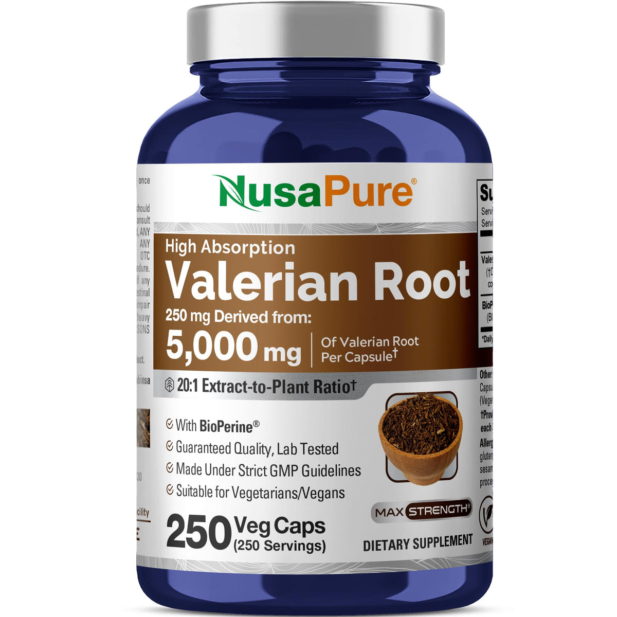 NusaPure Valerian Root 20:1 Extract, 250 mg Equivalent to 5000mg Per Veggie Caps, 250 Count, Vegan, Non-GMO, Bioperine NusaPureBuy Supplements Australia