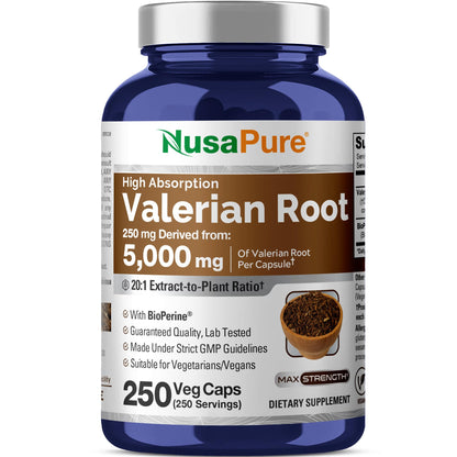 NusaPure Valerian Root 20:1 Extract, 250 mg Equivalent to 5000mg Per Veggie Caps, 250 Count, Vegan, Non-GMO, Bioperine NusaPureBuy Supplements Australia