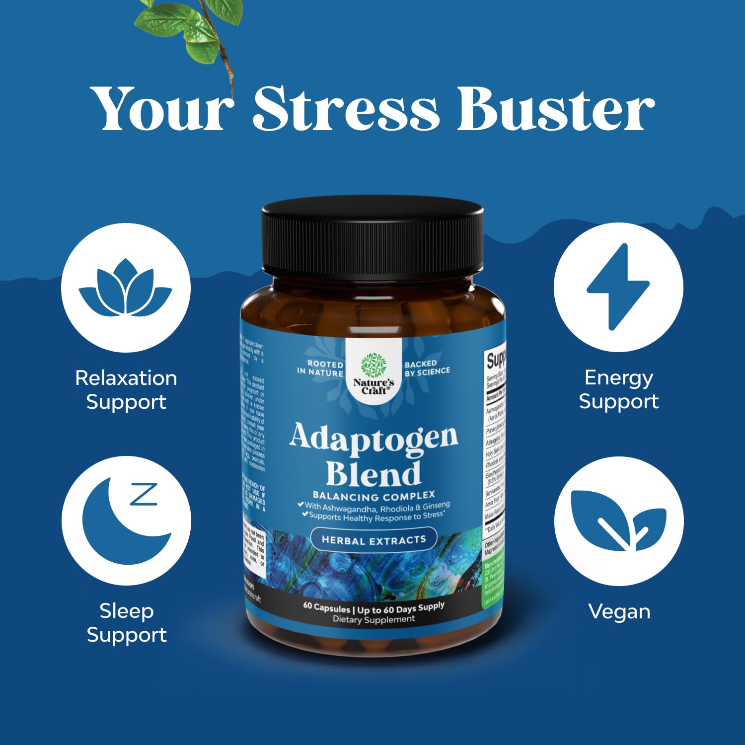Herbal Adaptogen Mood Support Supplement - Calming Adaptogens Supplement for Stress & Cortisol Management with Ashwagandha Rhodiola Rosea & Maca Root - Vegan & Daytime Friendly - 60 Count Natures CraftBuy Supplements Australia