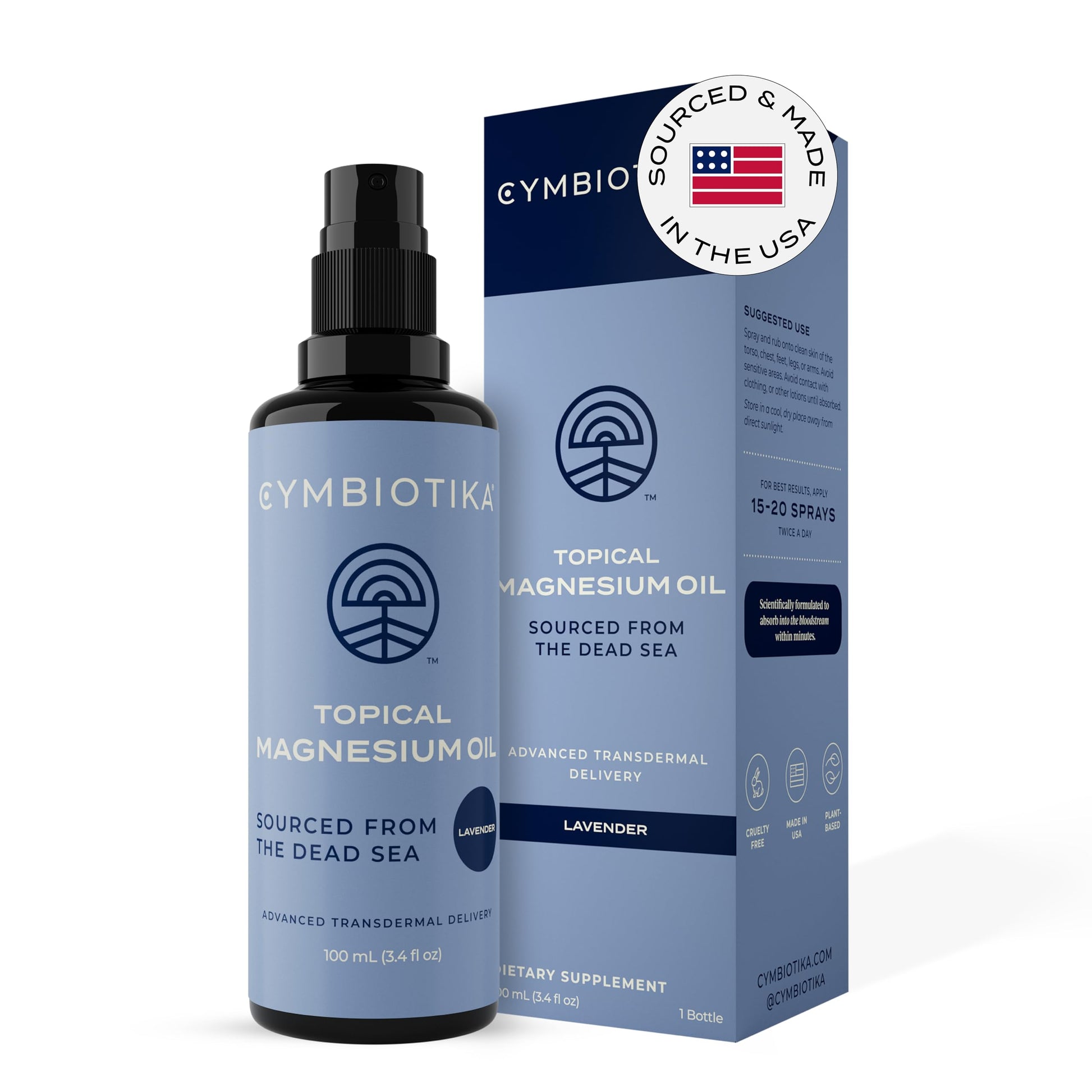 CYMBIOTIKA Topical Magnesium Oil Spray for Body, USA Made, Supplement for Leg Cramps, Muscle, Joint Health & Sleep Support, Includes Magnesium Chloride, Lavender Extract, Aloe Vera - Skin Applicator CYMBIOTIKABuy Supplements Australia