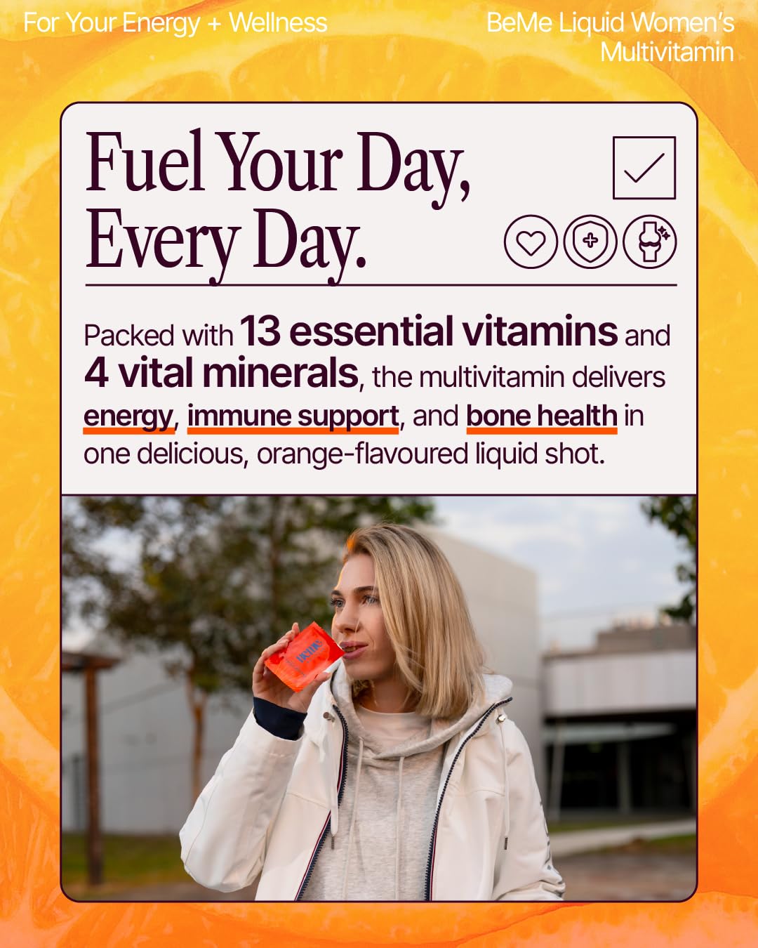 BeMe Liquid Multivitamins for Women - Advanced Liquid Delivery System with 13 Vitamins & Minerals - Tear & Go Sachets, Non-GMO, Orange Flavor (15 Sachets) BeMeBuy Supplements Australia