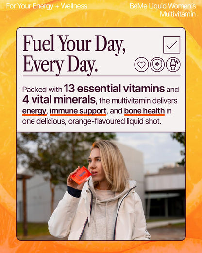 BeMe Liquid Multivitamins for Women - Advanced Liquid Delivery System with 13 Vitamins & Minerals - Tear & Go Sachets, Non-GMO, Orange Flavor (15 Sachets) BeMeBuy Supplements Australia