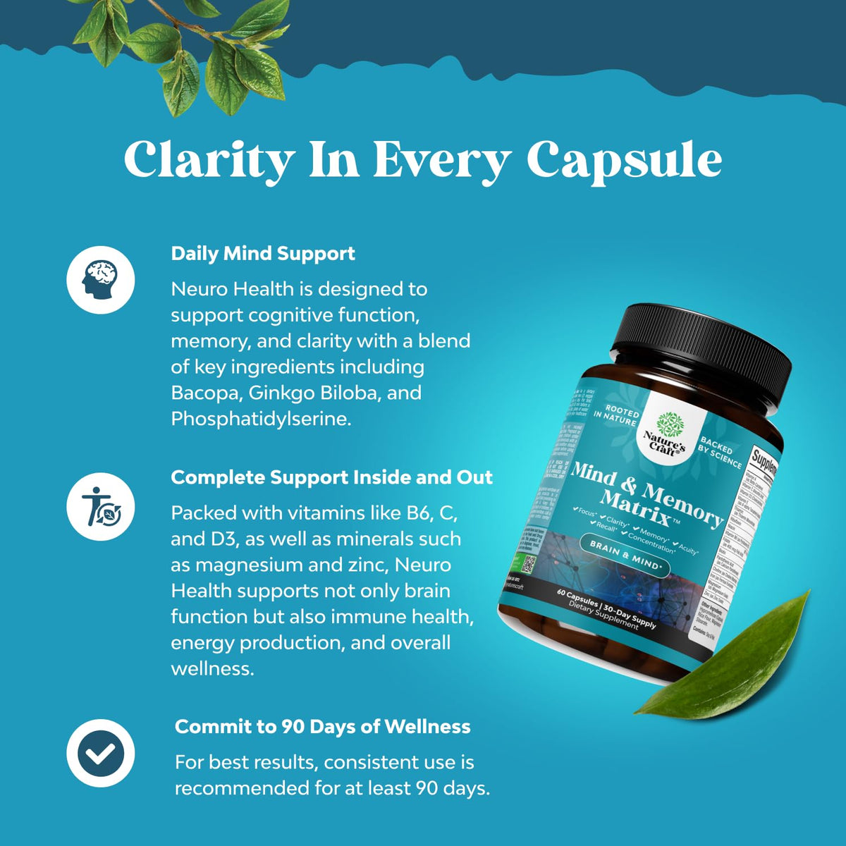 Nootropic Brain Supplement for Memory and Focus Enhancement - Vitamins for Mental Health & Clarity with VIT A, B6, Riboflavin, Niacin, Thiamin & Folate - Cognitive Complex for Mind Vitality - 60 Ct Natures CraftBuy Supplements Australia