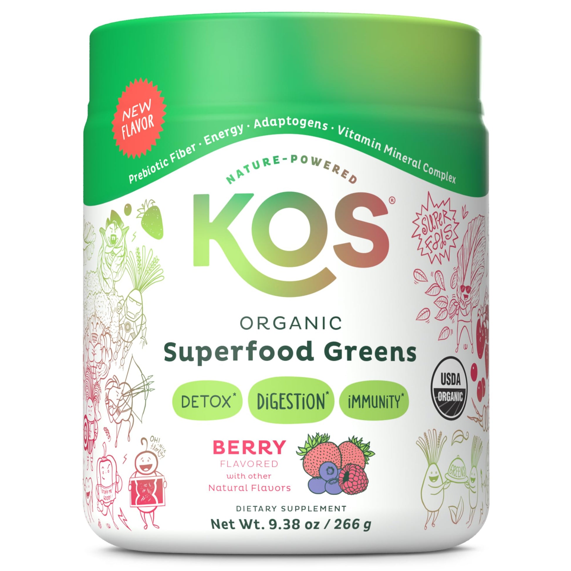 KOS Organic Superfood Greens Powder - Gut Health from Prebiotic Fiber, Supergreens and Adaptogens - USDA Certified Organic, Made in a GMP Certified Facility - 28 Servings Berry KOS buy supplements Au