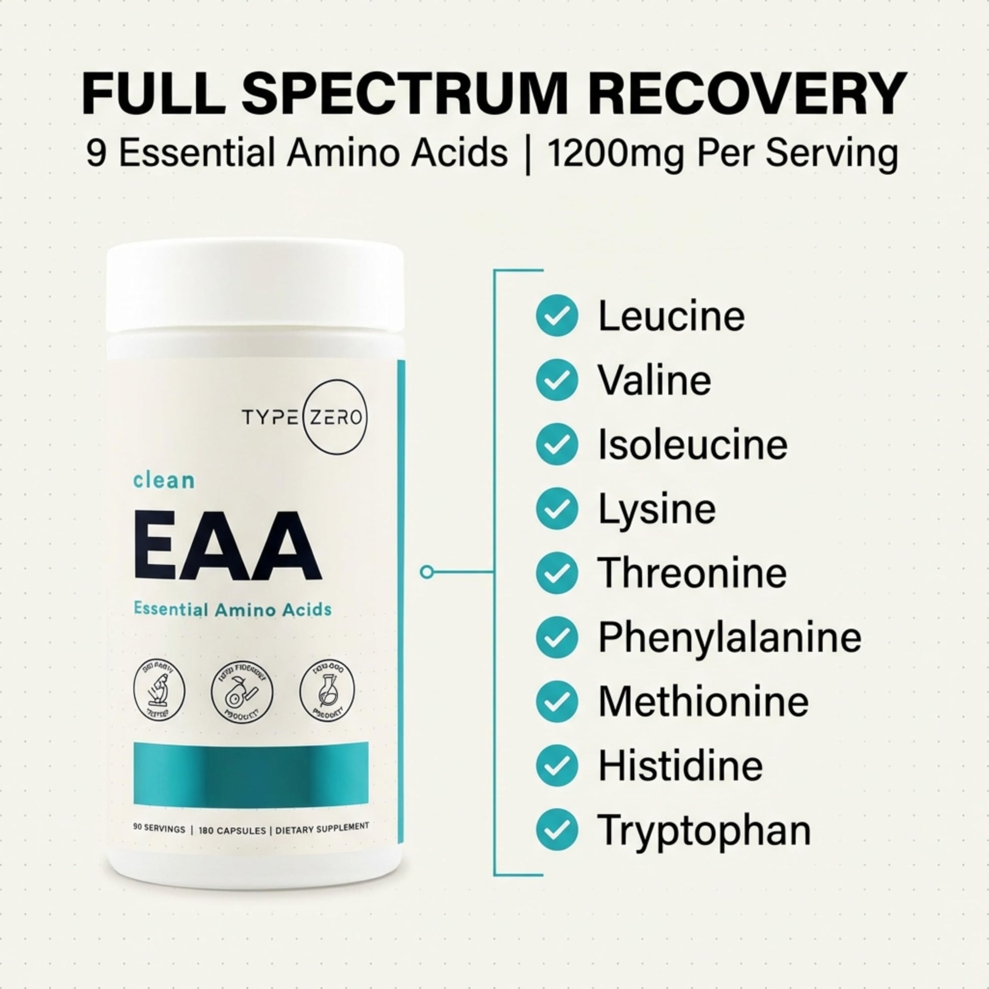 Type Zero Clean EAA Capsules (1,200mg per Serving), Essential Amino Acids Supplement with 9 EAAs, 180 Capsules, 90 Servings Type ZeroBuy Supplements Australia