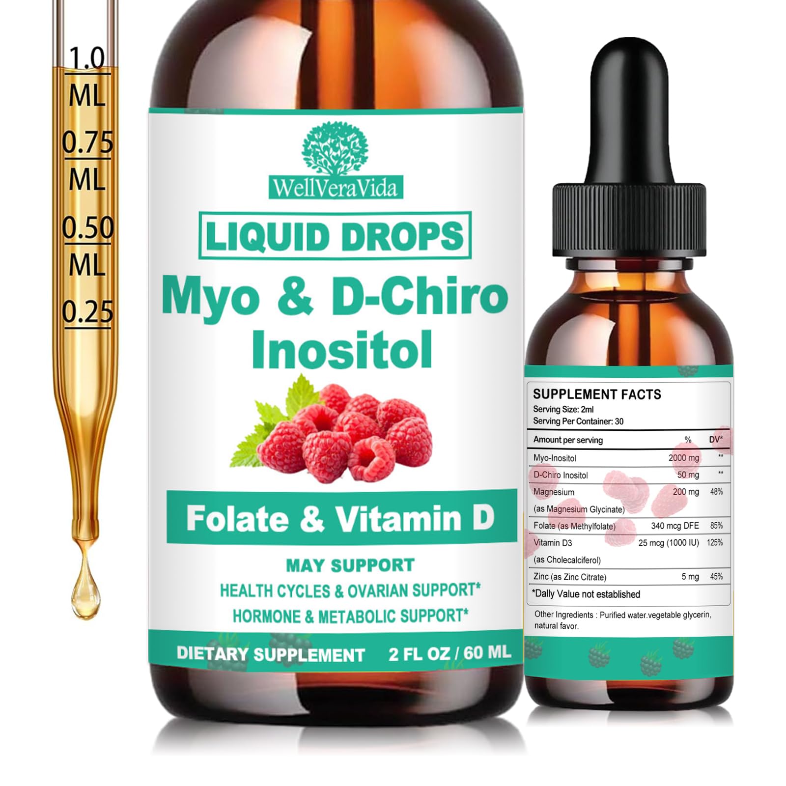 Myo Inositol & D-Chiro Inositol Supplement Liquid for Women- Ideal 40:1 Ratio Inositol Drops with MTHF Folate, Magnesium, Vitamin D, Supports Hormone Balance, Regular Cycles & Ovarian Health丨Vegan WellVeraVidaBuy Supplements Australia