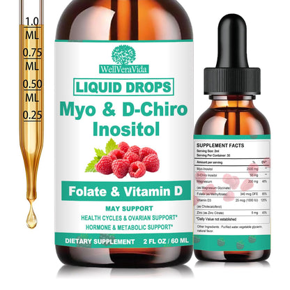 Myo Inositol & D-Chiro Inositol Supplement Liquid for Women- Ideal 40:1 Ratio Inositol Drops with MTHF Folate, Magnesium, Vitamin D, Supports Hormone Balance, Regular Cycles & Ovarian Health丨Vegan WellVeraVidaBuy Supplements Australia
