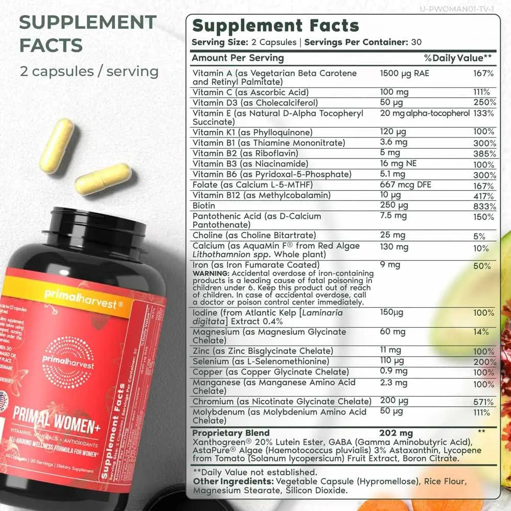 Primal Harvest Multivitamin for Women Vitamin A, Vitamin C, Vitamin D and E, Vitamin B12, B6, Biotin, Zinc Supplements Primal Harvest