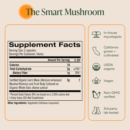 Om Lion’s Mane Mushroom Capsules - Organic Mushroom Supplement and Nootropic - Brain Supplements for Memory and Focus, 180 Count (60 Servings) OM MUSHROOM SUPERFOODBuy Supplements Australia