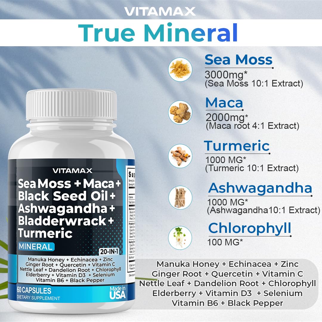 Sea Moss 3000mg Maca 1000mg Black Seed Oil 2000mg Ashwagandha 1000mg Bladderw VitamaxBuy Supplements Australia