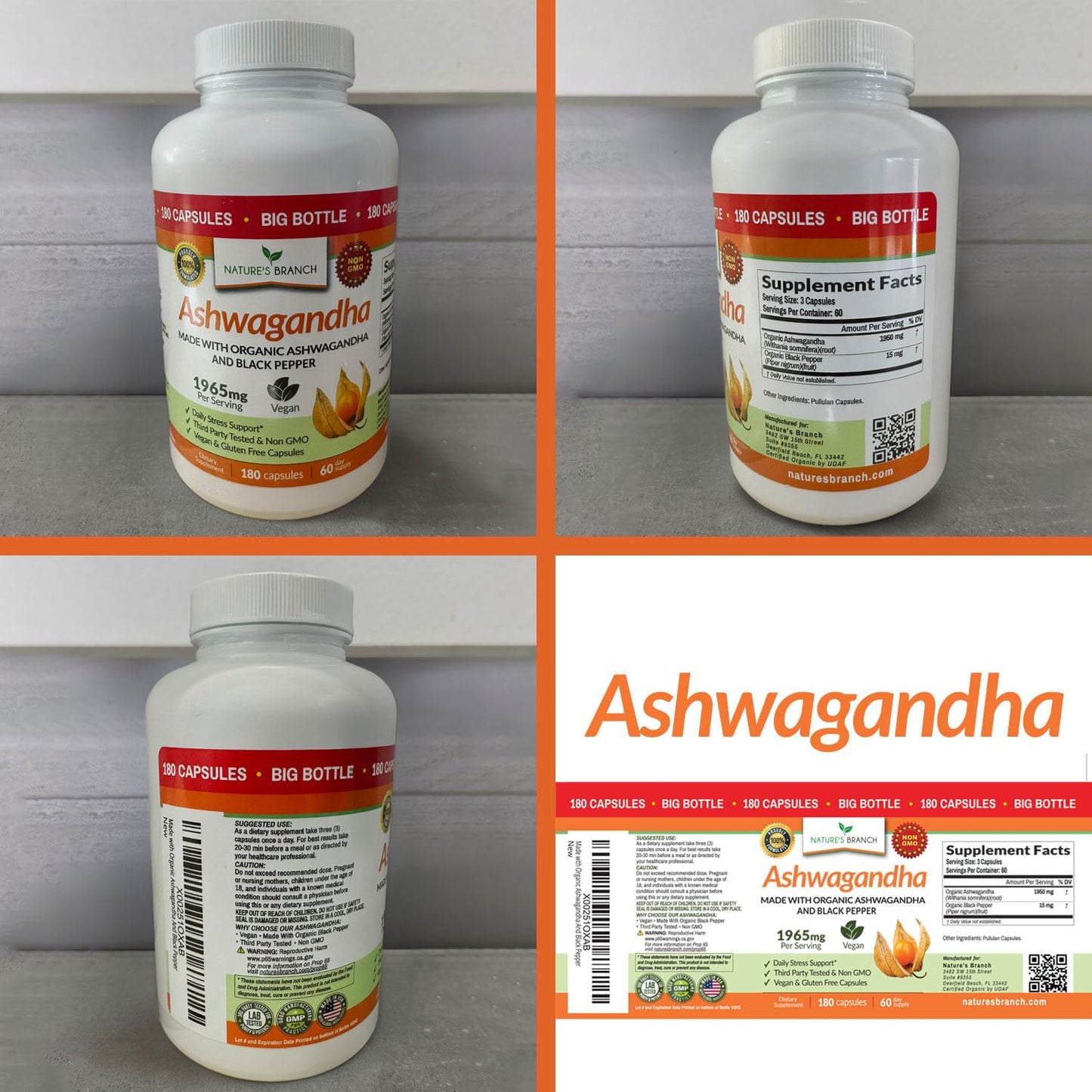 UDAF Certified Organic Ashwagandha with Black Pepper, 1965mg - Extra Strength for Stress, Sleep, Mood, Thyroid, Energy, Hair, Vegan Pure Root Extract Powder Supplement for Men and Women | 180 Capsules NATURE'S BRANCHBuy Supplements Australia