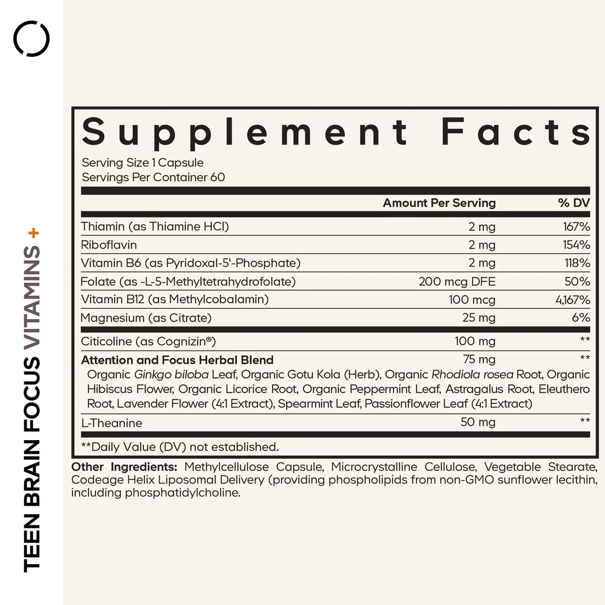 Codeage Teen Brain Focus Vitamins+ Citicoline Cognizin, L-Theanine, Ginkgo, Rhodiola, Lavender, Magnesium, Vitamin B6, B12, Folate Codeage