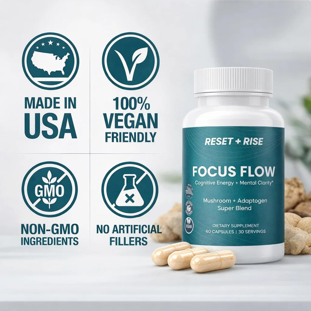 Nootropic Brain Supplement with Lion’s Mane Mushroom, Cordyceps & Rhodiola Rosea Extract - Focus and Energy Supplement, Adaptogen for Brain Health, Mental Clarity, Memory & Mood Support - 60 Capsules Reset+RiseBuy Supplements Australia