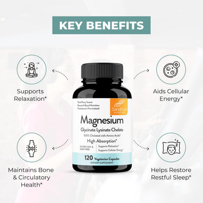 Sandhu's Magnesium Glycinate Lysinate | 120 Easy to Swallow Chelated Vegan Capsules | Magnesium Lysine Chelate Supplement for High Absorption | for Best Sleep, Leg Cramps, Relaxation Sandhu'sBuy Supplements Australia