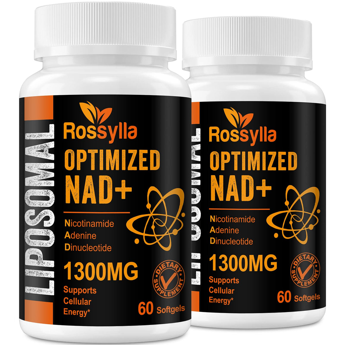 Two bottles of Rossylla Optimized NAD+ dietary supplements on a white background
