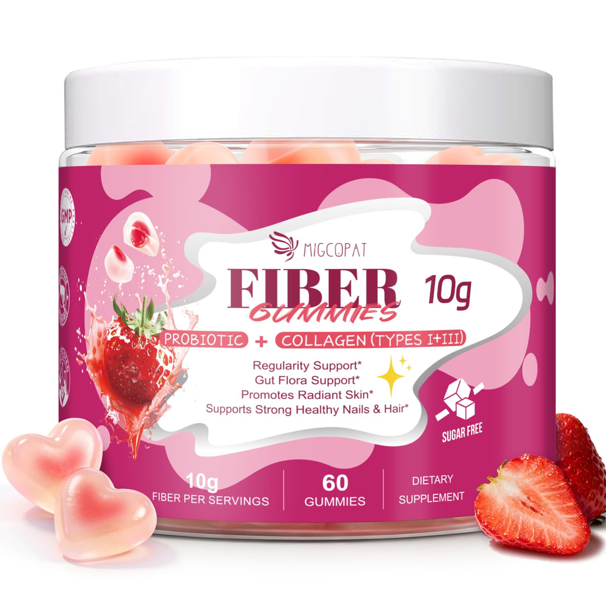 Migcopat 10G Fiber Gummies with Collagen Peptides, Hyaluronic Acid, Vitamin C, ACV, 30 Billion CFU Probiotics – Sugar Free Collagen Gummy for Skin, Hair & Nails