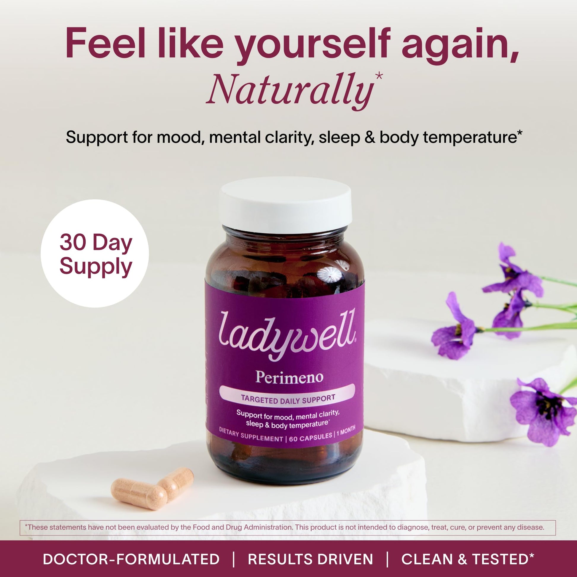 Ladywell Perimeno - Perimenopause Support - Support for Mood, Mental Clarity, Sleep & Hot Flashes - Black Cohosh, Reishi, Wild Yam, Holy Basil, Schisandra, Rhodiola, Siberian Rhubarb / 60 Veg Caps LadywellBuy Supplements Australia