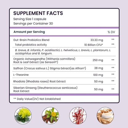 UpNourish Organic Ashwagandha Saffron Supplements with Probiotics - Stress Relief, Mood Enhancer, Calm Happy Pills Support Fatigue Focus Clarity with L-Theanine, Rhodiola, 30 Vegan Capsules UpNourish buy supplements Au