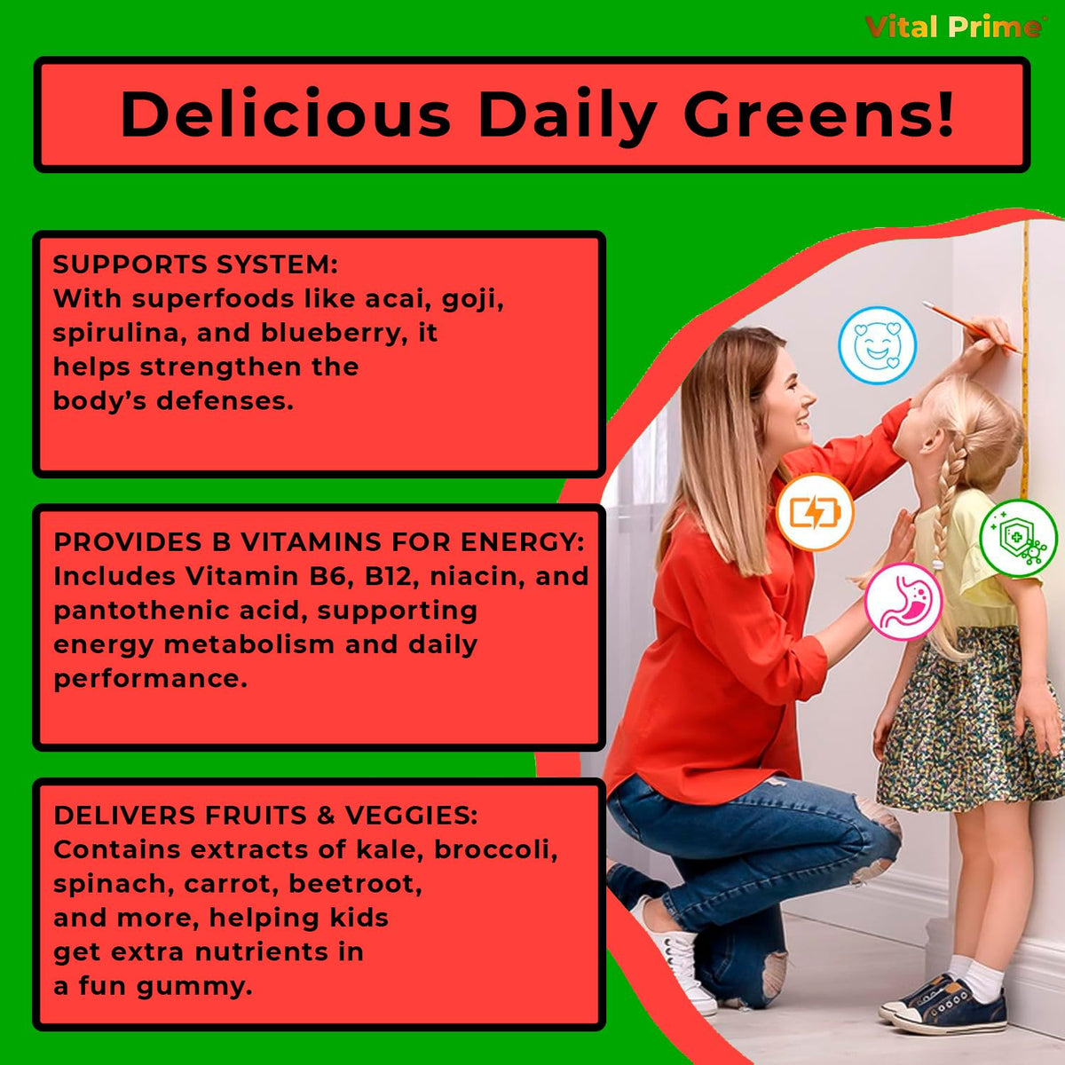 FourRoar Vital Prime Super Green Gummies for Kids 90 Count Strawberry & Watermelon Flavor | Fruit and Vegetable Gummies | Vegan Veggies Gummy Multivitamin for Kids FourRoarBuy Supplements Australia