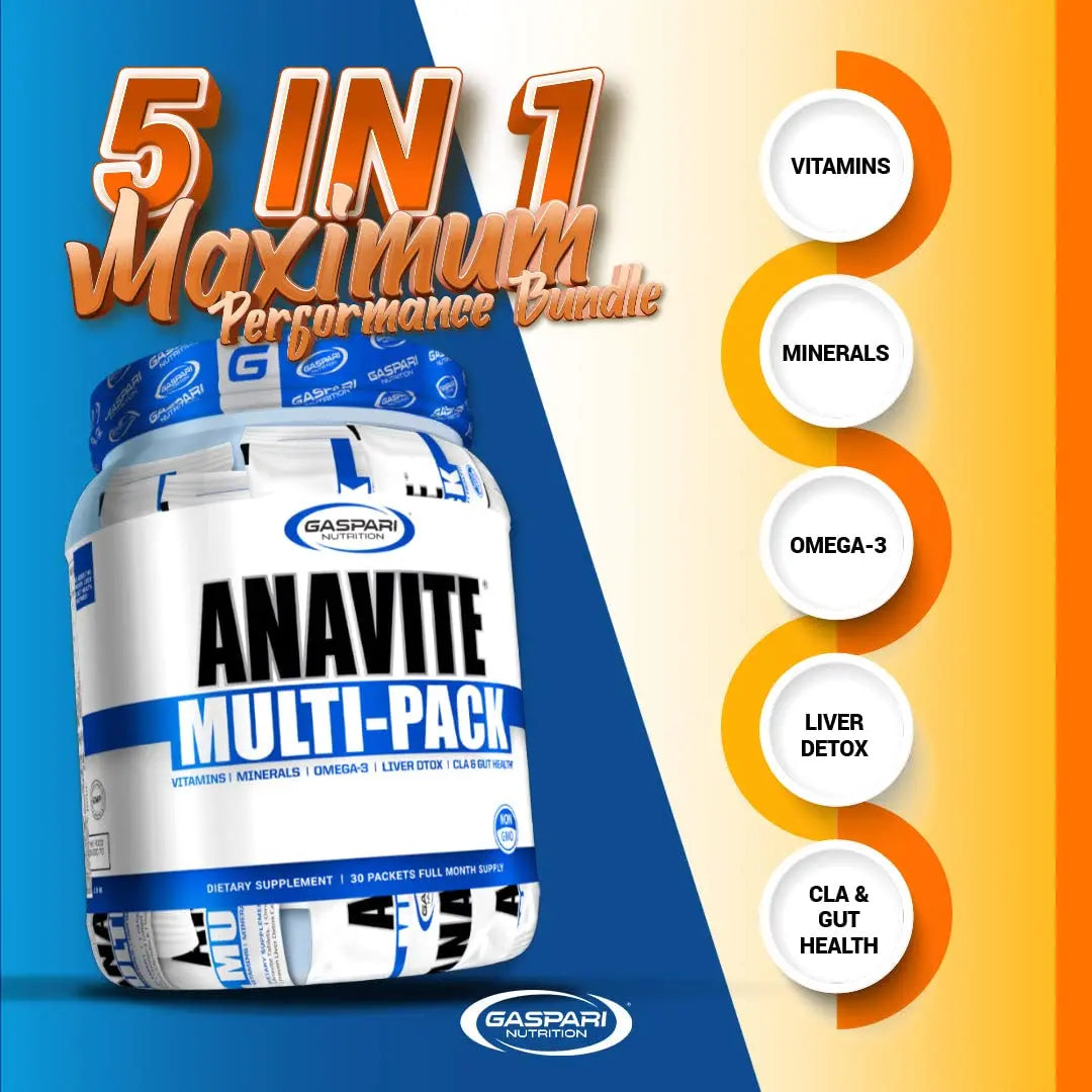 Gaspari Nutrition Anavite, Full Spectrum Multi-Vitamin Packs, Anavite Multivitamins, CLA, Omega 3s, Proven Gut, and Proven Liver Detox Gaspari Nutrition