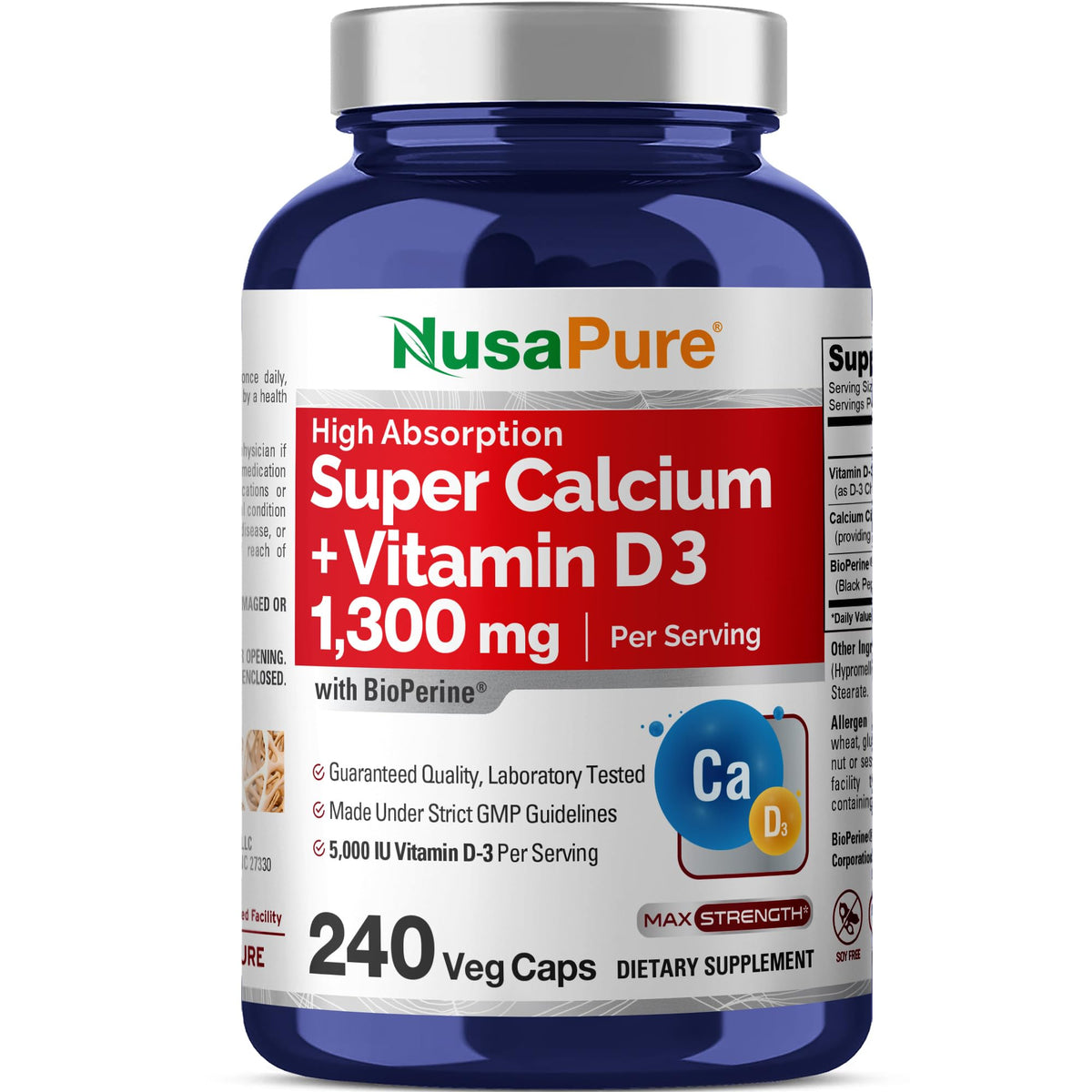 NusaPure Super Calcium with Vitamin D 3 & Calcium Citrate - Suitable for Vegetarian/Vegan, Non - GMO - 1300mg - 240 Capsules NusaPureBuy Supplements Australia