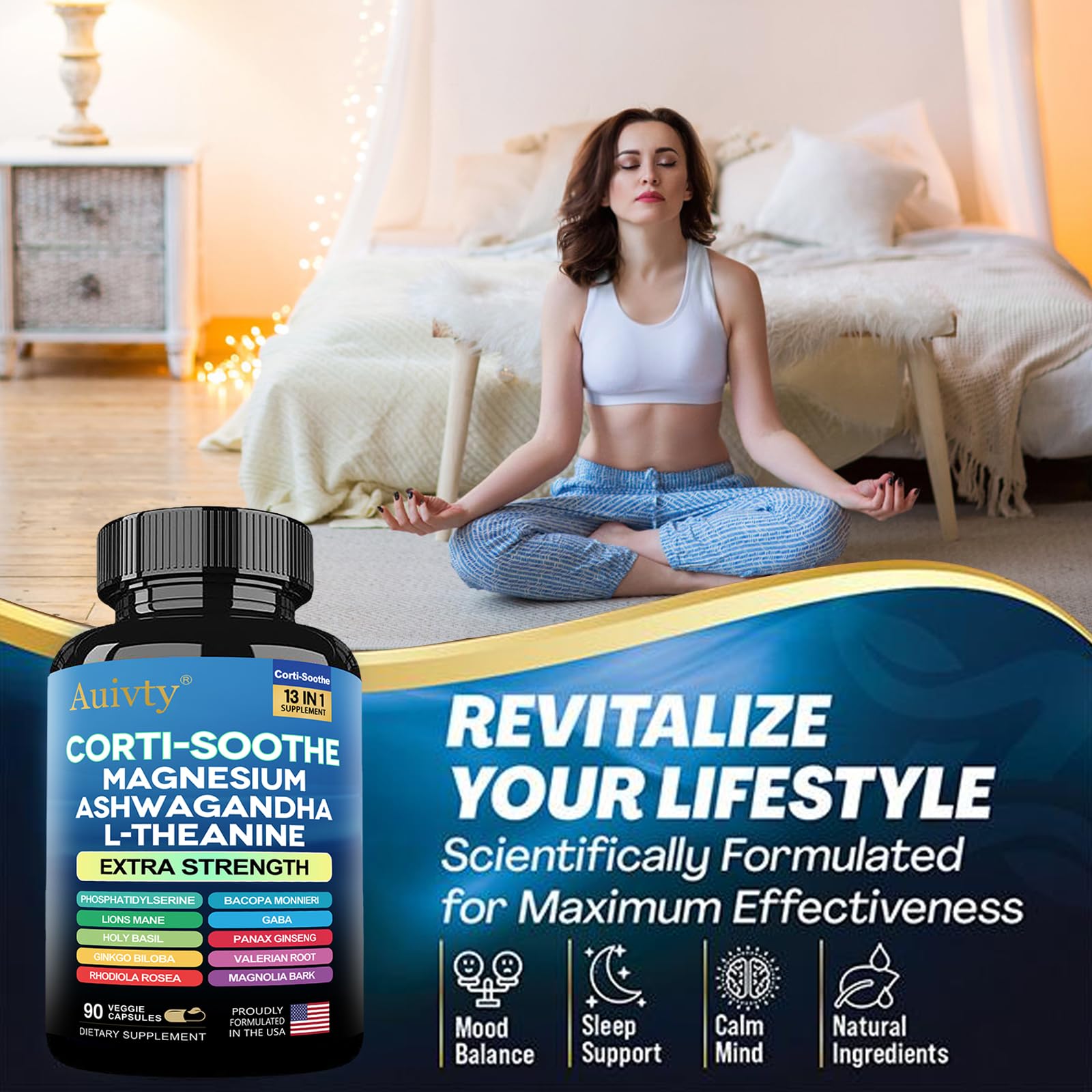 Auivty Cortisol Manager & Adrenal Support - Cortisol Reducer for Stress Relief, Calm & Sleep - 13-in-1 Adaptogen with Ashwagandha & Magnesium - 180 Capsules (2-Pack) AuivtyBuy Supplements Australia