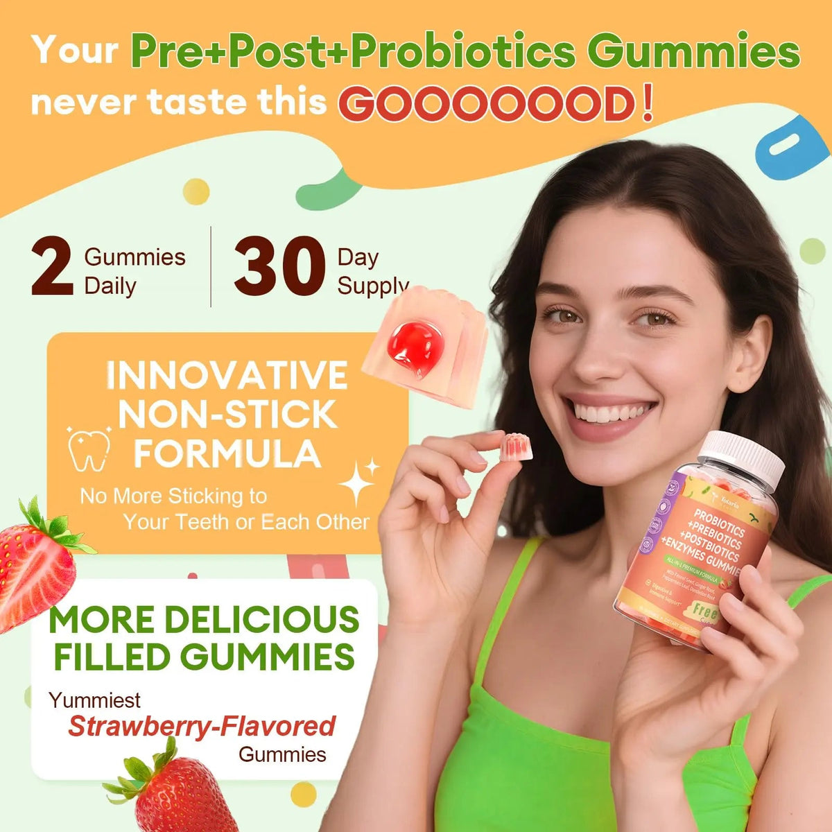 (2 Packs) Totaria Sugar Free 5-in-1 Probiotic Prebiotic Postbiotic Gummy, Probiotics for Women Men with Digestive Enzymes, Peppermint, Complete Immune, Gut & Digestive Support, Vegan Strawberry Flavor TotariaBuy Supplements Australia