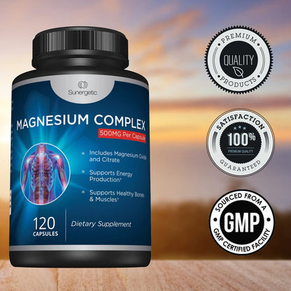 Premium Magnesium Citrate Capsules – Powerful 500mg Magnesium Oxide & Citrate Supplement – Helps Support Healthy Bones, Muscles, Teeth, Energy & Relaxation – 120 Vegetable Capsules SunergeticBuy Supplements Australia