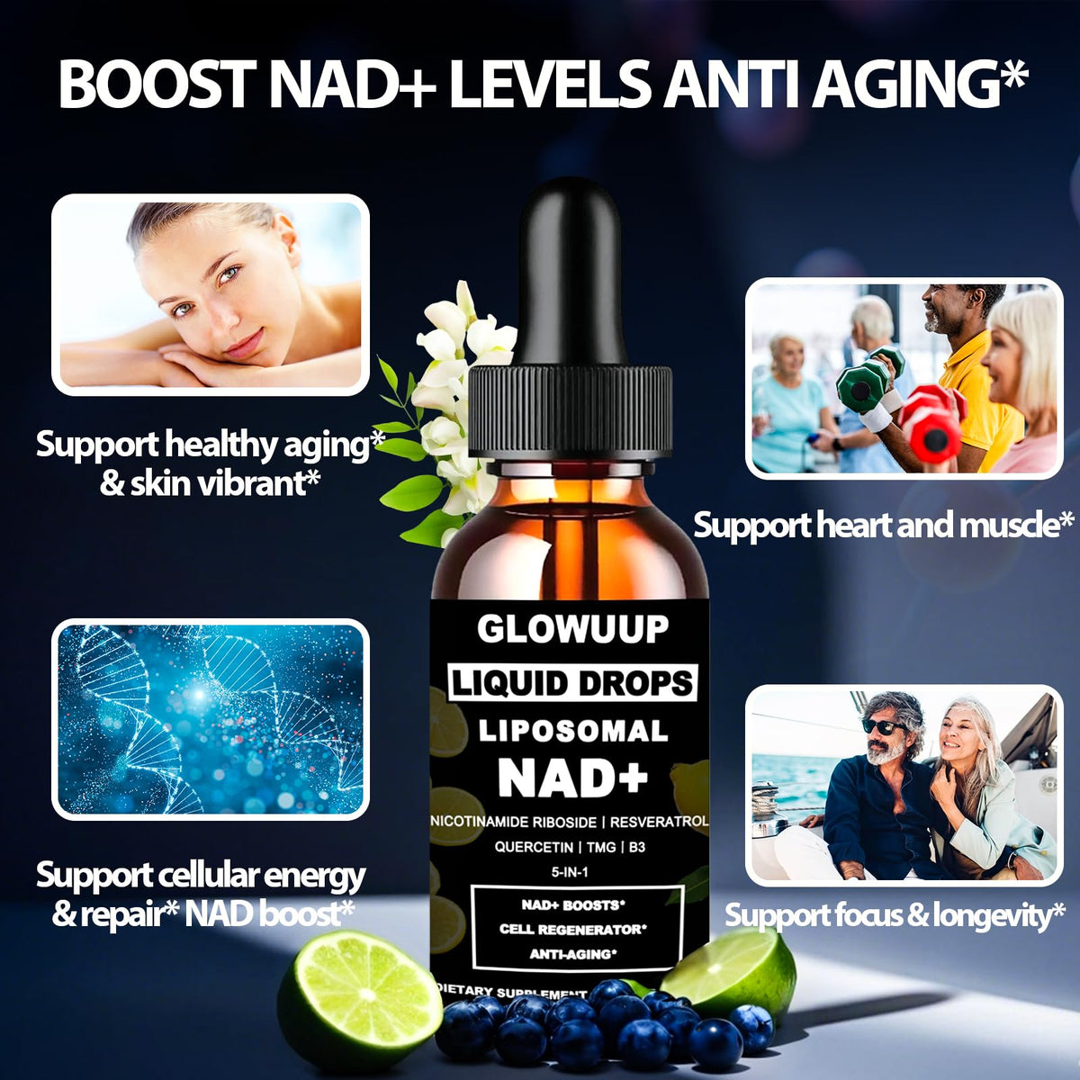 NAD Supplements for Women & Men, Liposomal NAD Nicotinamide Riboside Resveratrol 900mg w. B3 Vitamin Quercetin TMG, Liquid Resveratrol NAD Plus Supplement for Anti-Aging Energy Focus Longevity GLOWUUPBuy Supplements Australia