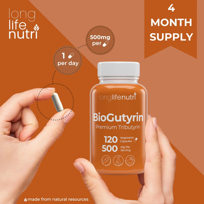 BioGutyrin – Tributyrin 500mg, Postbiotic Supplement for Gut Function & Nutrient Absorption, 120 Vegetarian Capsules, Butyric Acid for Butyrate Production, 4-Month Supply, GMP Certified, Made in USA LongLifeNutriBuy Supplements Australia