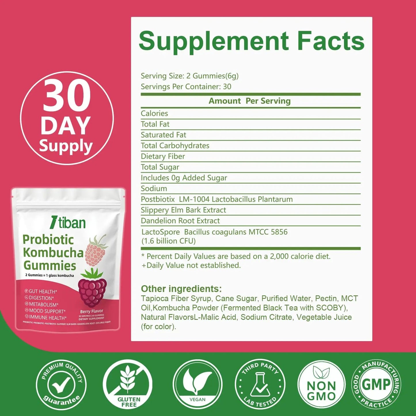 Itiban Probiotic Kombucha Gummy - Prebiotics, Probiotics, Postbiotics, Fiber Supplement, Slippery Elm for Bloating, Gut Health, Women and Men, 60ct ItibanBuy Supplements Australia