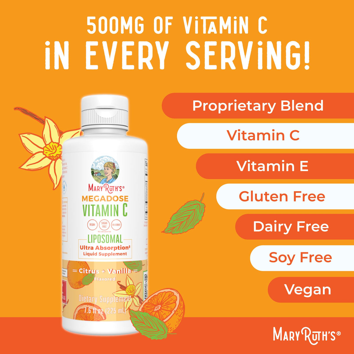 MaryRuth's Megadose Liquid Vitamin C Liposomal | 500 mg Per Serving | Ultra Absorption | Immunity | Antioxidant Support | Collagen Formation | Vegan | Gluten Free | Sugar Free | 7.6 Oz | 30 Servings MARYRUTH'SBuy Supplements Australia