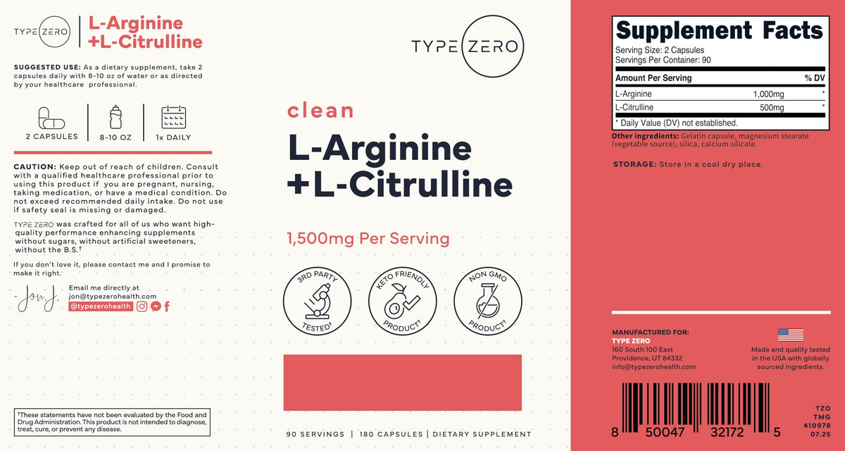 Type Zero L-Arginine + L-Citrulline Supplement (1500mg) - Nitric Oxide Booster - Clean, Keto-Friendly, GMO-Free, 180 Capsules, 90 Servings Type ZeroBuy Supplements Australia