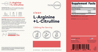 Type Zero L-Arginine + L-Citrulline Supplement (1500mg) - Nitric Oxide Booster - Clean, Keto-Friendly, GMO-Free, 180 Capsules, 90 Servings Type ZeroBuy Supplements Australia