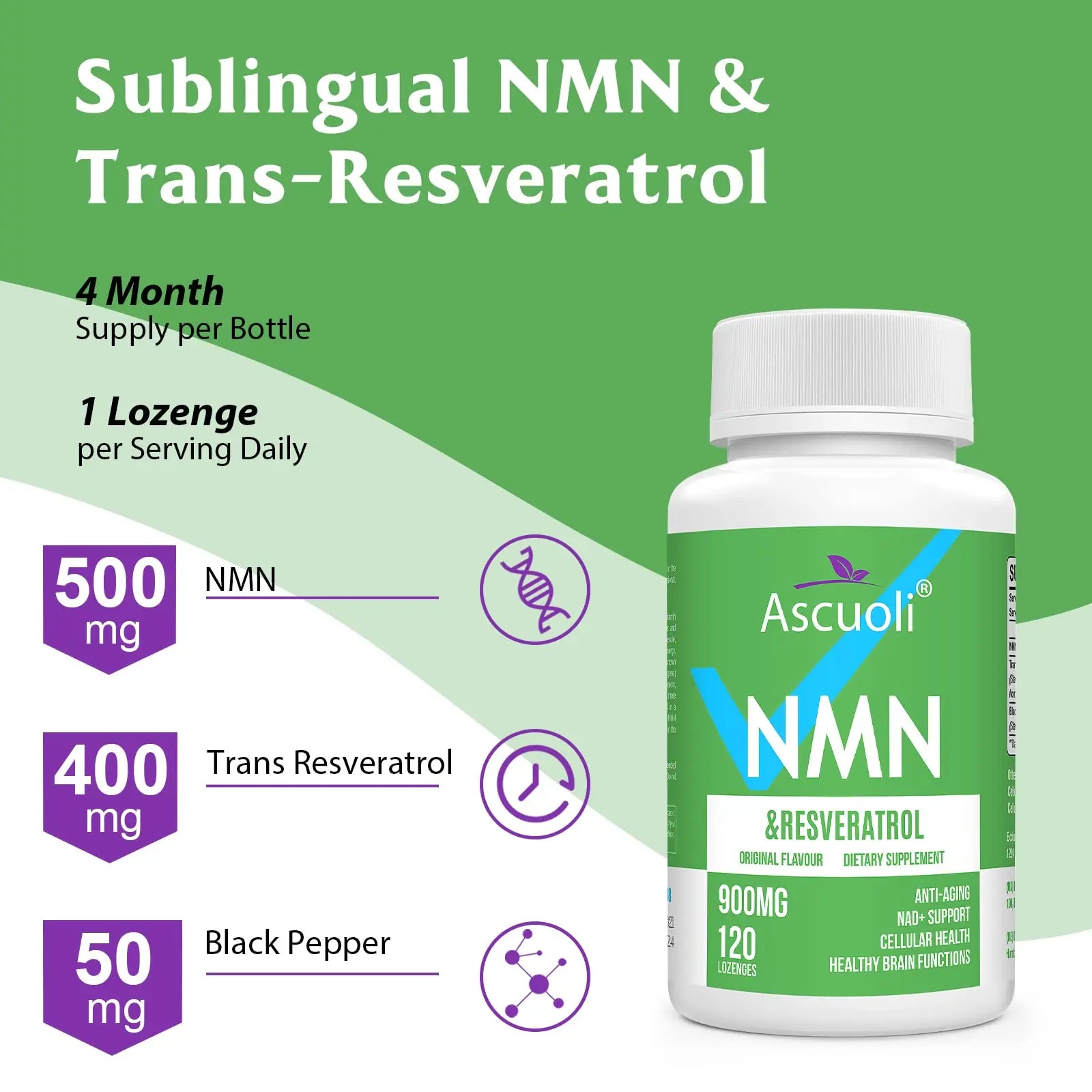 Sublingual NMN 500mg + Trans-Resveratrol 400mg, 3-in-1 Advanced Formula 99% Pure NMN Resveratrol Supplement for Boost* NAD, Cell, Immune, Energy & Muscle, Anti-Aging, 120 Lozenges (120-Day Supply) AscuoliBuy Supplements Australia