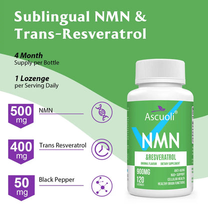 Sublingual NMN 500mg + Trans-Resveratrol 400mg, 3-in-1 Advanced Formula 99% Pure NMN Resveratrol Supplement for Boost* NAD, Cell, Immune, Energy & Muscle, Anti-Aging, 120 Lozenges (120-Day Supply) AscuoliBuy Supplements Australia