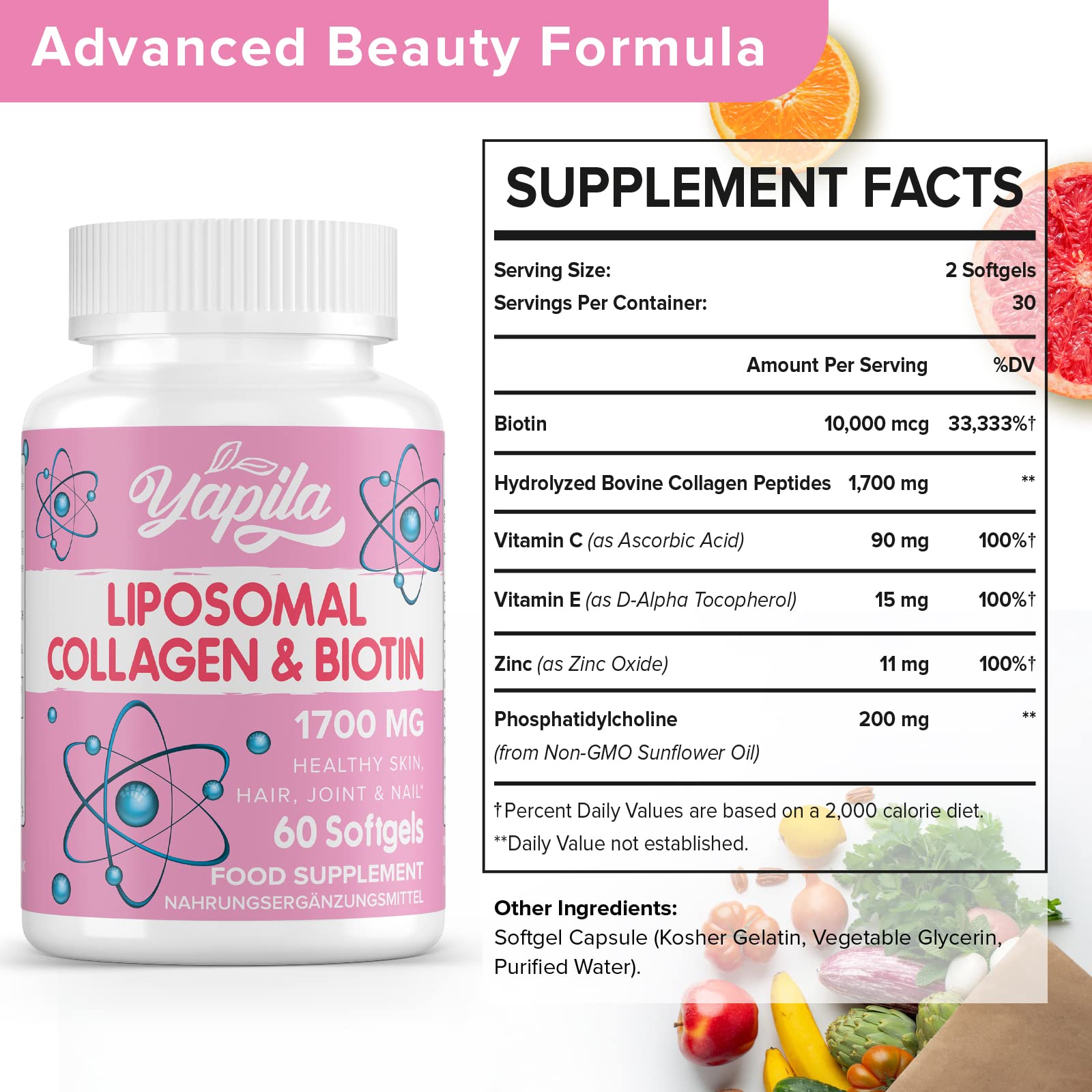 Liposomal Collagen Biotin Capsules, Hydrolyzed Bovine Collagen Peptides 1700 mg, Types 1 & 3 Protein YapilaBuy Supplements Australia