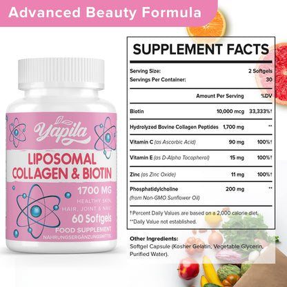 Liposomal Collagen Biotin Capsules, Hydrolyzed Bovine Collagen Peptides 1700 mg, Types 1 & 3 Protein YapilaBuy Supplements Australia