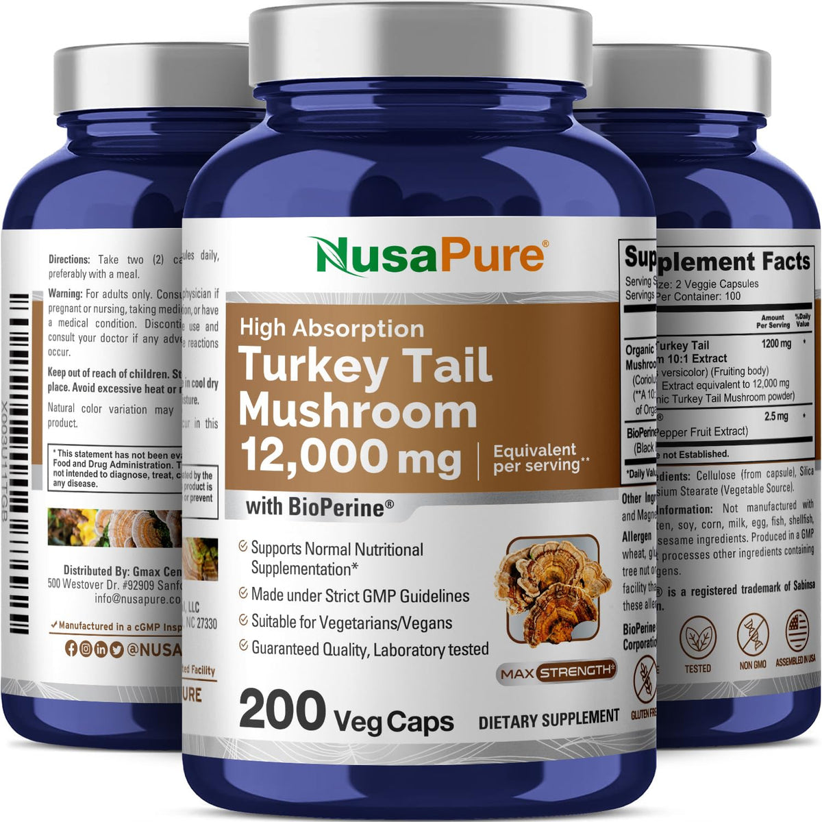 NusaPure Turkey Tail Mushroom Capsules, 10:1 Extract, 1200 mg Equivalent to 12,000mg, 200 Vcaps, Non-GMO, Gluten Free, Bioperine NusaPureBuy Supplements Australia