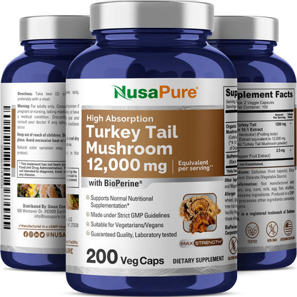 NusaPure Turkey Tail Mushroom Capsules, 10:1 Extract, 1200 mg Equivalent to 12,000mg, 200 Vcaps, Non-GMO, Gluten Free, Bioperine NusaPureBuy Supplements Australia