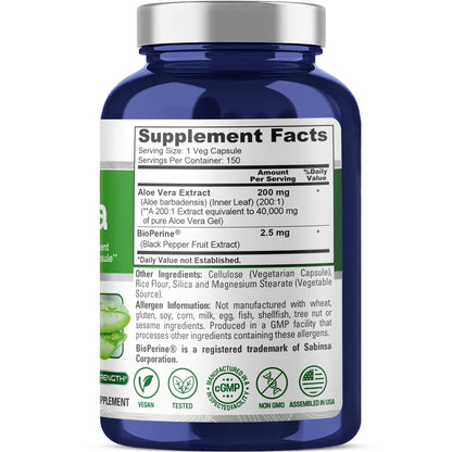 NusaPure Aloe Vera 40,000mg Per Veggie Caps - 150 Count - Aloe Vera Gel Supplement - Extract 200:1, Vegetarian, Non-GMO, Bioperine NusaPureBuy Supplements Australia