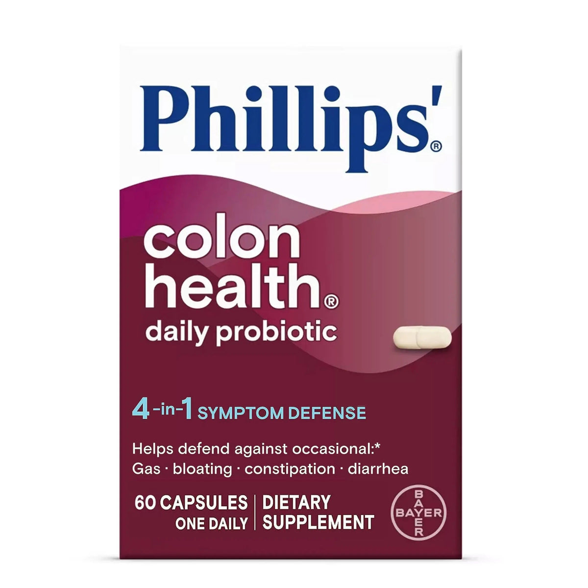 Phillips' Colon Health Daily Probiotic Capsules, 4-in-1 Symptom Defense to help defend against Occasional Gas, Bloating, Constipation, and Diarrhea, Daily Supplement, 60 Count Phillips'Buy Supplements Australia