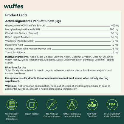 Wuffes Advanced Dog Hip and Joint Supplement with Glucosamine, Chondroitin, Omega 3, MSM, and Green Lipped Mussel, 60 Pork Flavored Chews for Small and Medium Dog Breeds WuffesBuy Supplements Australia
