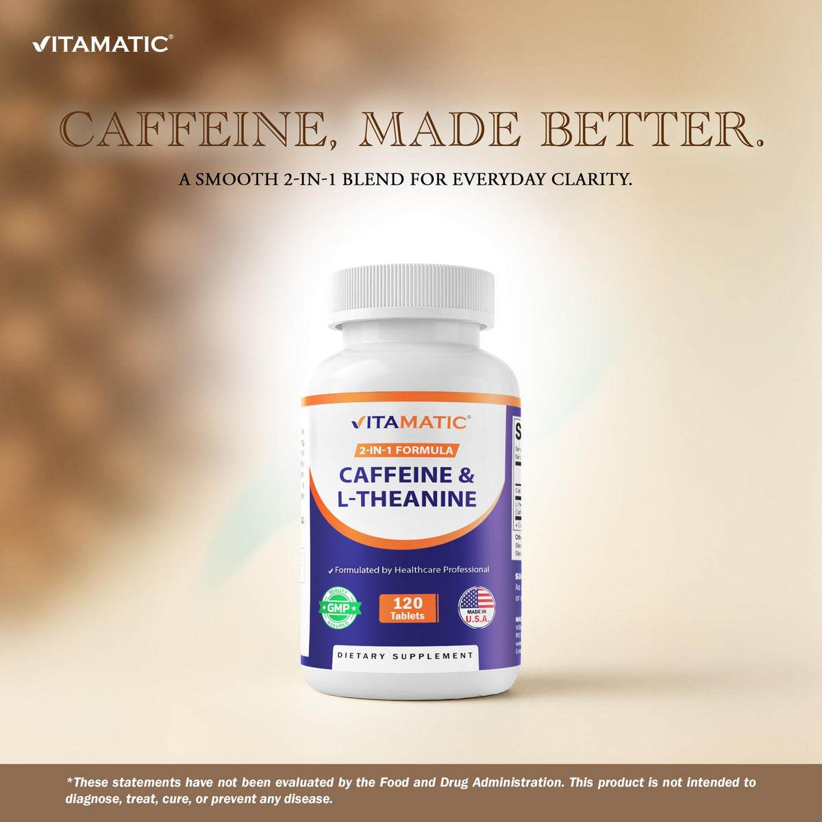 Vitamatic L-Theanine 200mg with Caffeine 100mg – 120 Vegetarian Tablets Nootropic Supplement for Focused Energy & Mental Clarity VitamaticBuy Supplements Australia