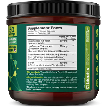 biophix NAD+ Liposomal Supplement for Women & Men - 1000 mg per Serving - Nicotinamide Riboside, Micronized Resveratrol & Quercetin Complex - 100 Veg Capsules - Non-GMO, Gluten-Free, cGMP Certified biophixBuy Supplements Australia