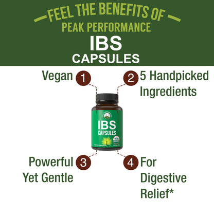 USDA Organic IBS Capsules for Relief, Ingestion, Bloating, Gas. Irritable Bowel Supplement with 5 Handpicked Organic Ingredients. Peppermint Oil, Sea Buckthorn, Fennel Seed, Rosemary Leaf, Basil Leaf Peak PerformanceBuy Supplements Australia