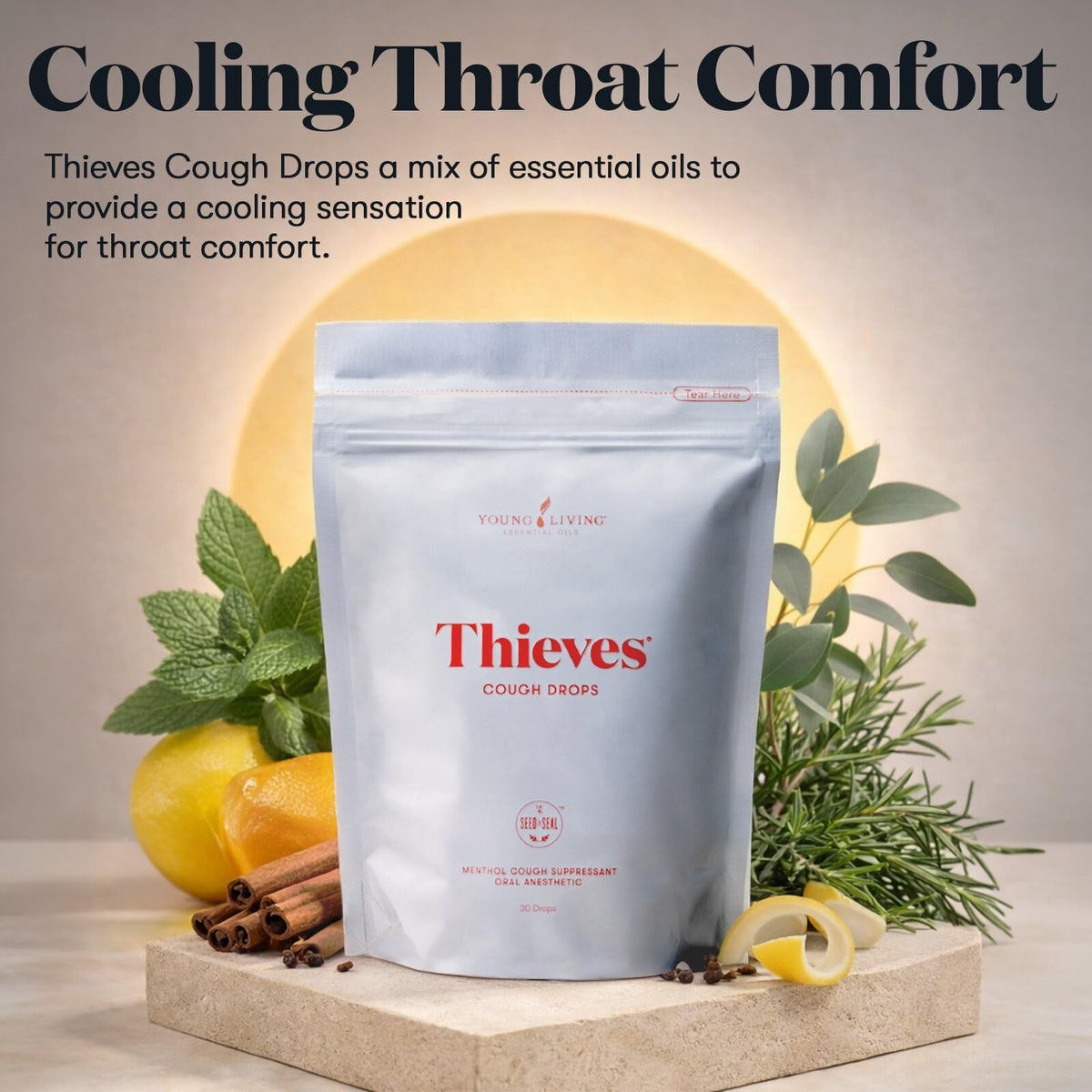 Young Living Thieves Cough Drops | 30 ct | Cinnamon & Menthol Flavor | with Thieves Essential Oil Blend of Lemon, Clove, Eucalyptus, Rosemary, & Peppermint | Sugar Free | Cooling Throat Comfort Young Living buy supplements Au