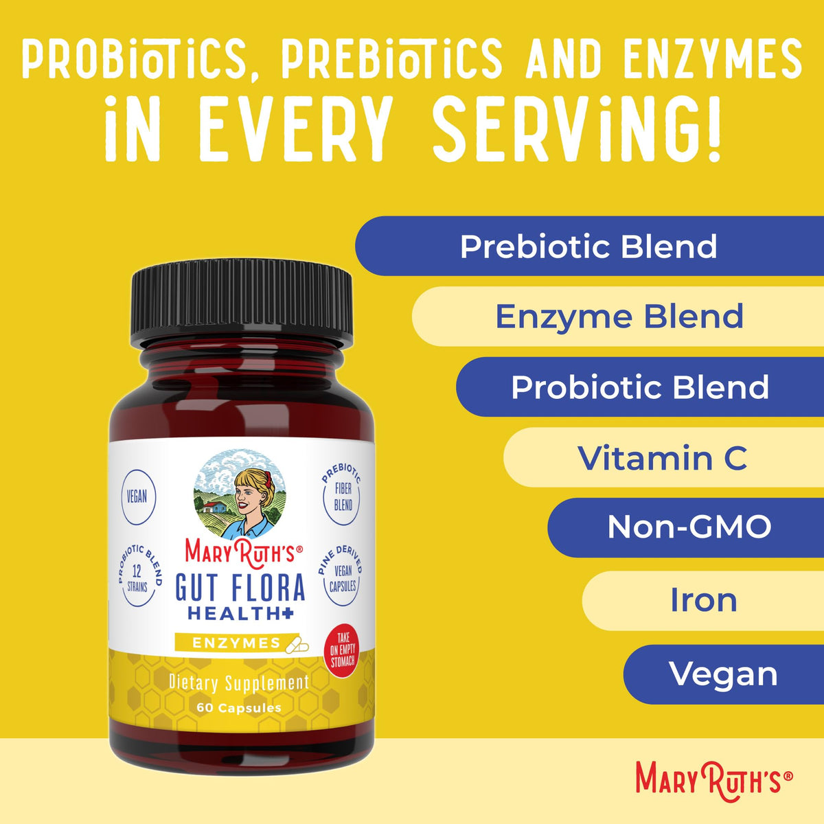 MaryRuth Organics Gut Flora Health+ Enzymes | Up to 2 Month Supply | Prebiotic Probiotic Digestive Enzymes Blend for Healthy Gut Biome & Digestive Support | Gastrointestinal Health | 60 Capsules MARYRUTH'SBuy Supplements Australia